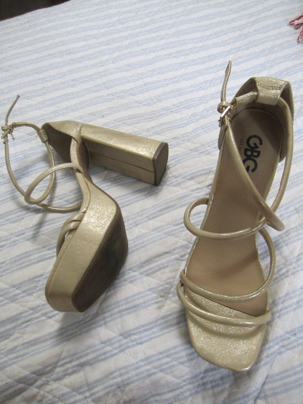 GBG Los Angeles Gold Strappy Platform Block-Heel Sandals.